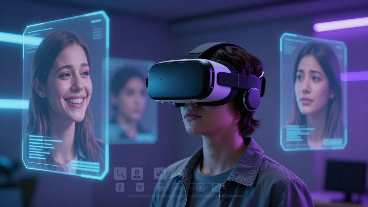 Пользователь в VR-очках среди голографических эмоций