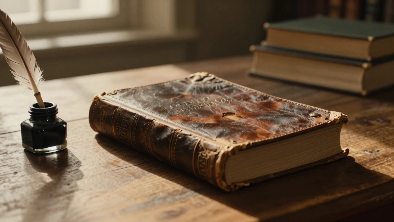 Старая кожаная книга на столе при свете заходящего солнца
