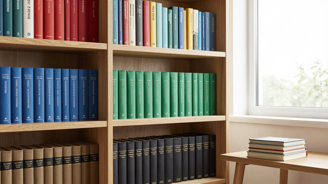 Упорядоченная книжная полка с группировкой книг по темам и цветам корешков