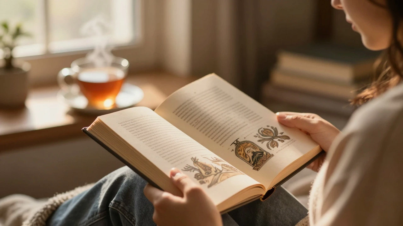 Уютный читатель с открытой книгой в мягком солнечном свете