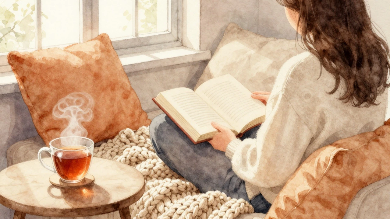 Уютный уголок для чтения с открытой книгой и чашкой чая