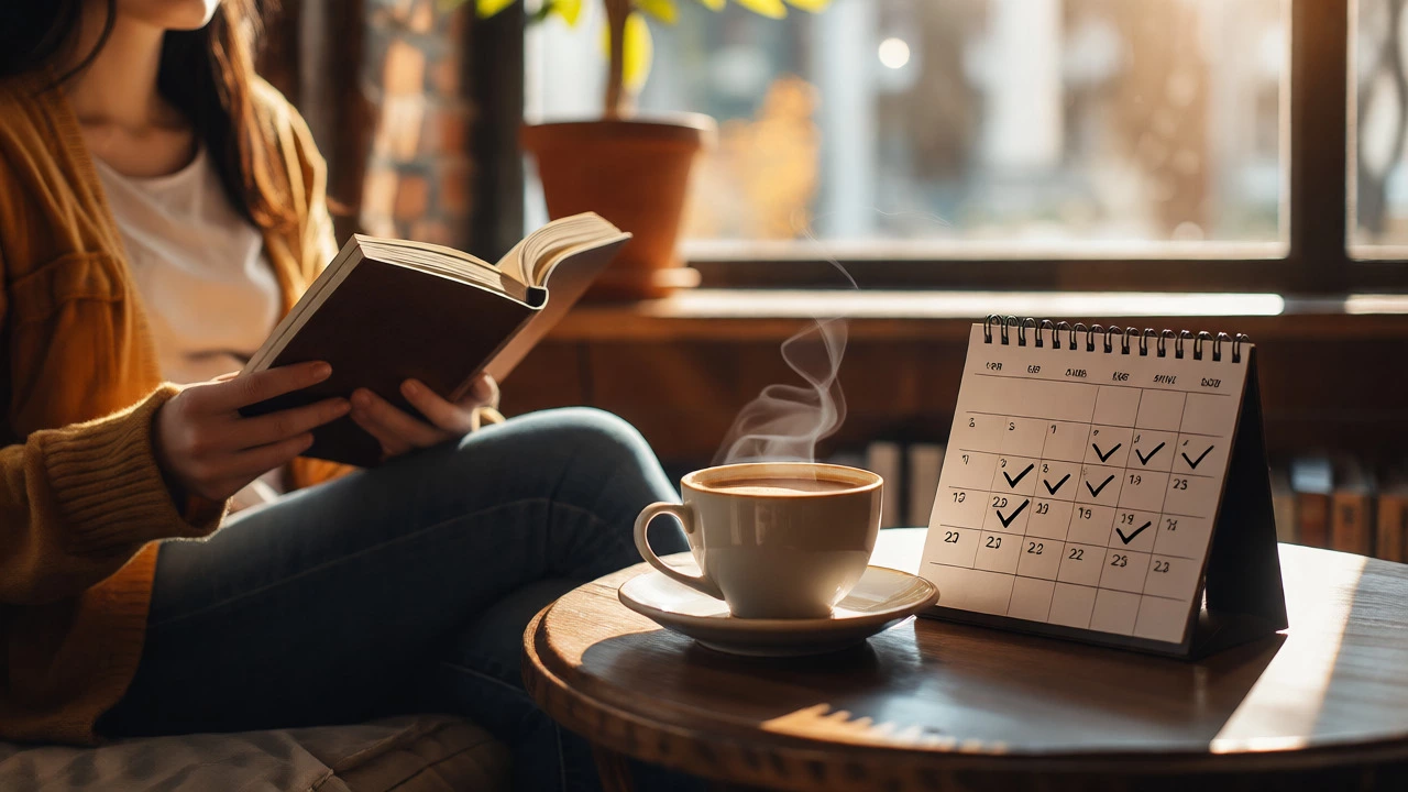 Чтение книги с чашкой кофе рядом с календарем для отслеживания привычки