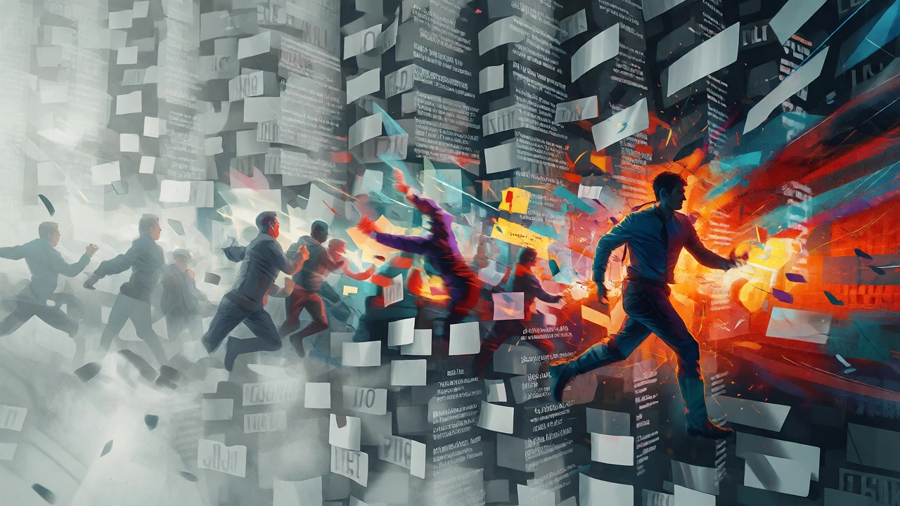 Концептуальная иллюстрация героя, вырывающегося из скучного текста в экшен