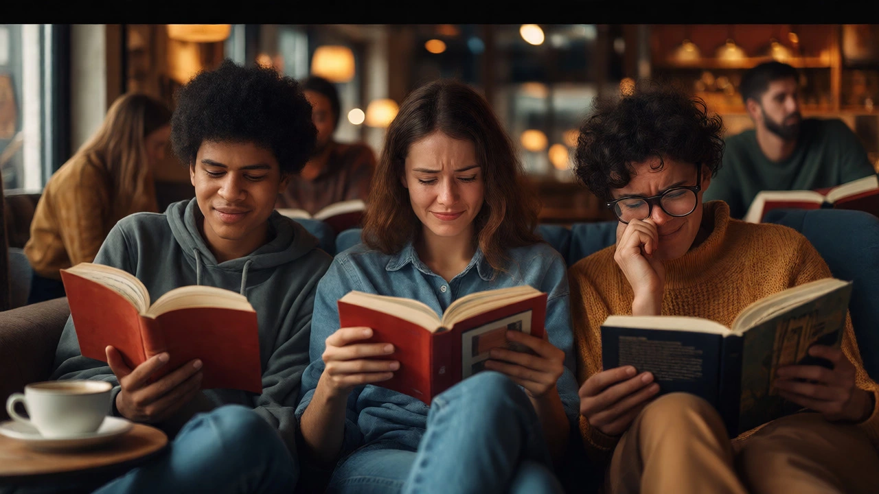 Люди с увлечением читают книги в уютной атмосфере кафе, погруженные в свои мысли.