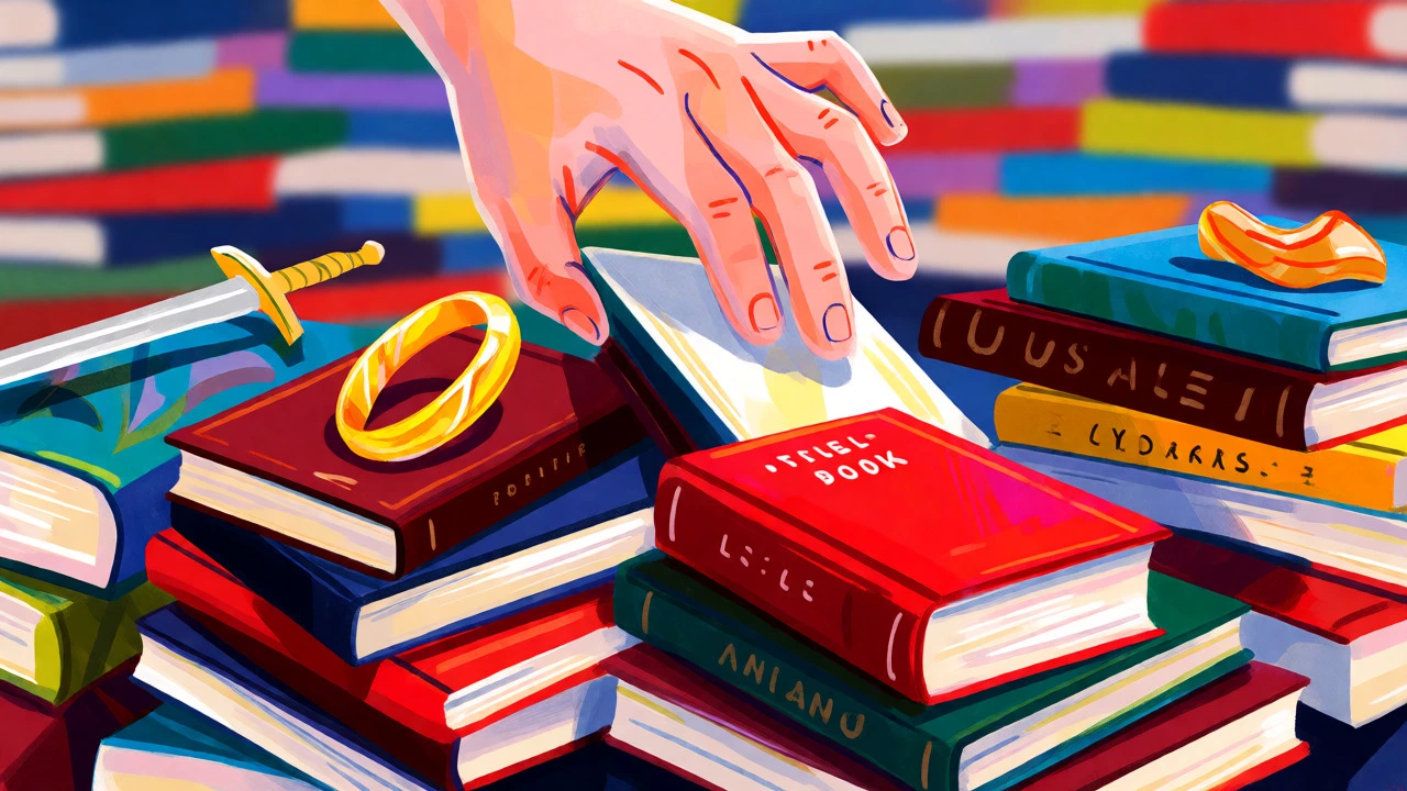 Рука выбирает книгу из горы литературных произведений