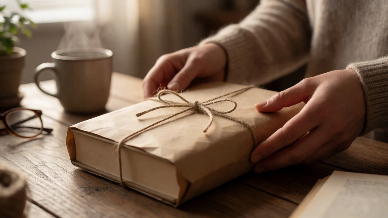 Руки дарят книгу, завернутую в крафт-бумагу, на уютном столе