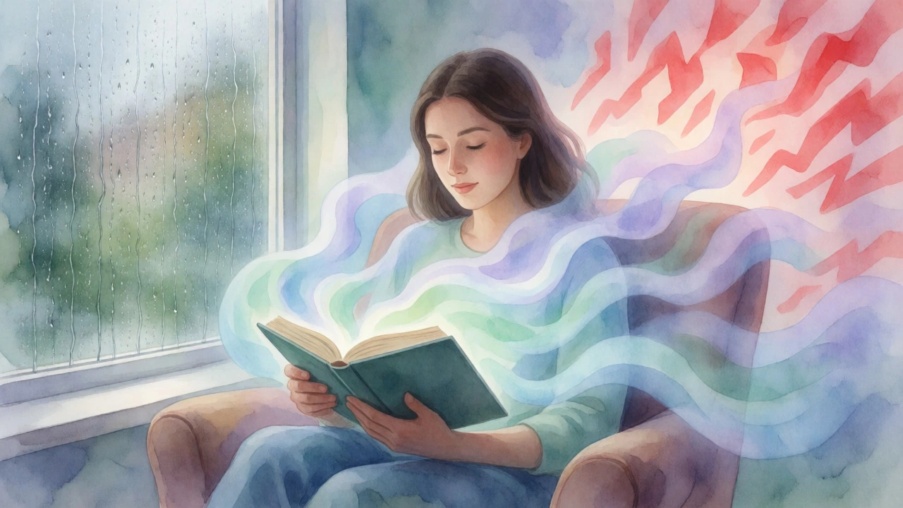 Женщина читает книгу, из которой исходит успокаивающее свечение